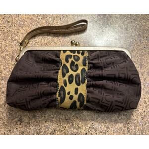 Liz Claiborne Wristlet Handbag Women S Brown LC Canvas  Leopard Purse Lined Bag